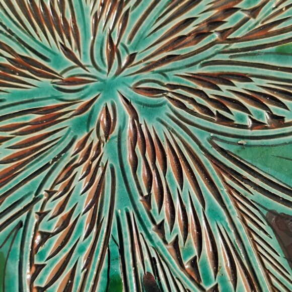 Vintage Moroccan Art Pottery, Green Teal, signed SAFi, Handled Dish, Handcrafted - Picture 7 of 8